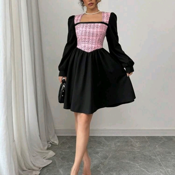 Elegant Square Neck Patchwork Shoulder Fitted Waist A-Line Short Dress For Women - Picture 5 of 5